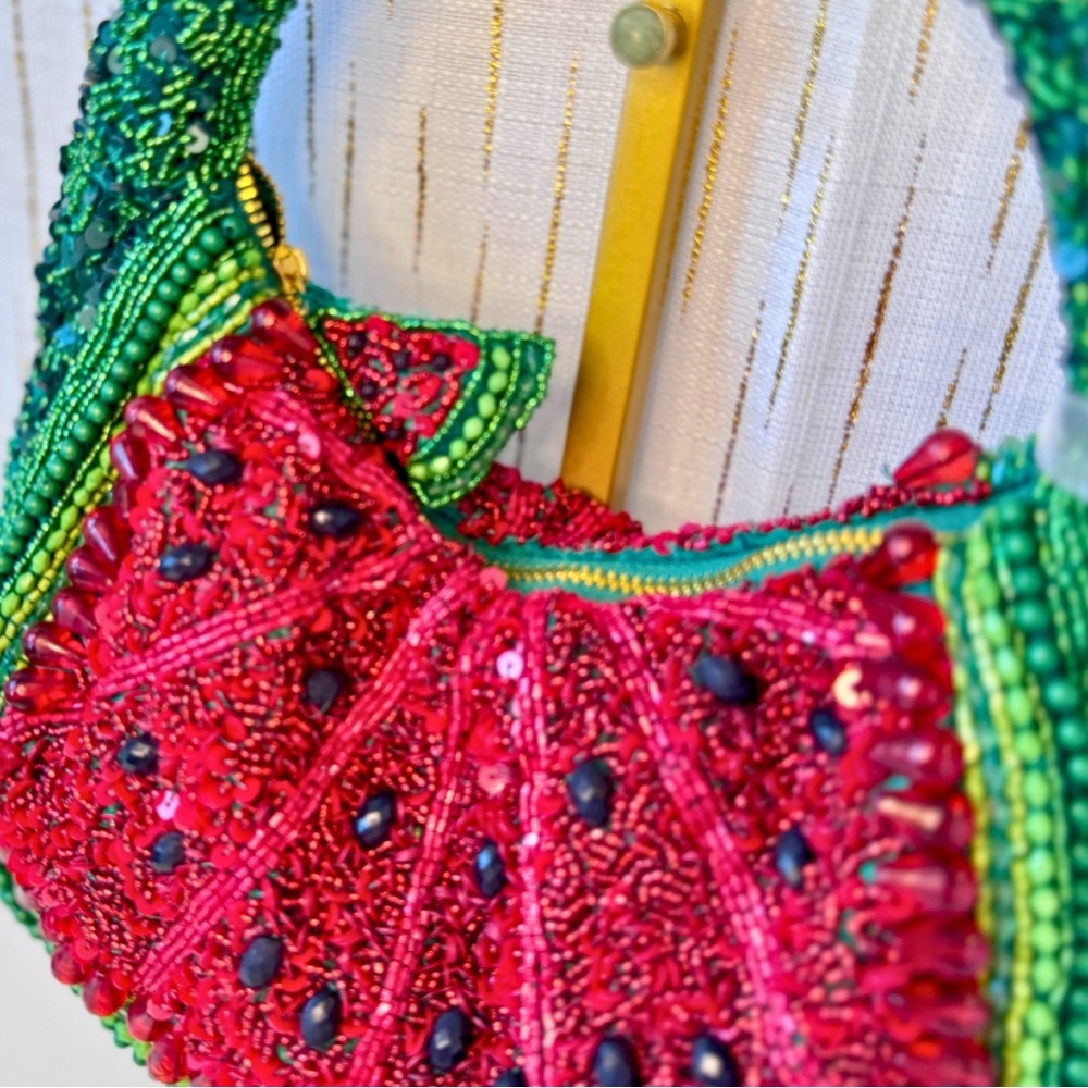 Beaded Red & Green Watermelon Bag | Hand-Beaded Statement Hobo | NWT - Picture 4 of 10